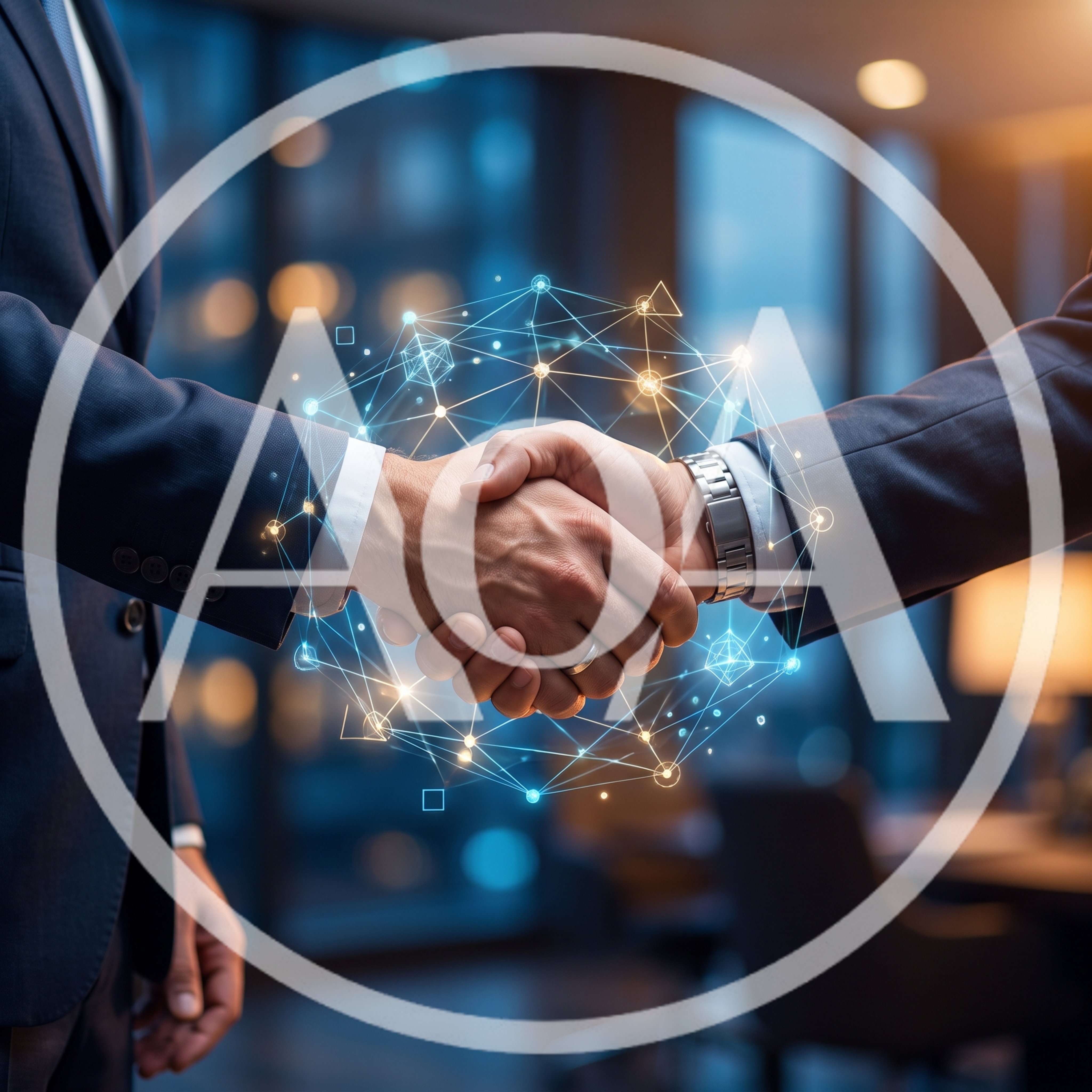 Business Professionals Shaking Hands With Digital Network Overlay
