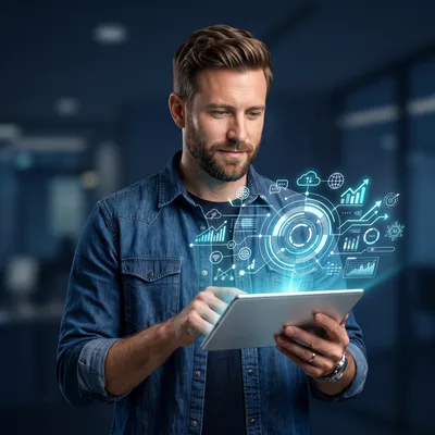 Man Interacting With Holographic Data Interface On Tablet