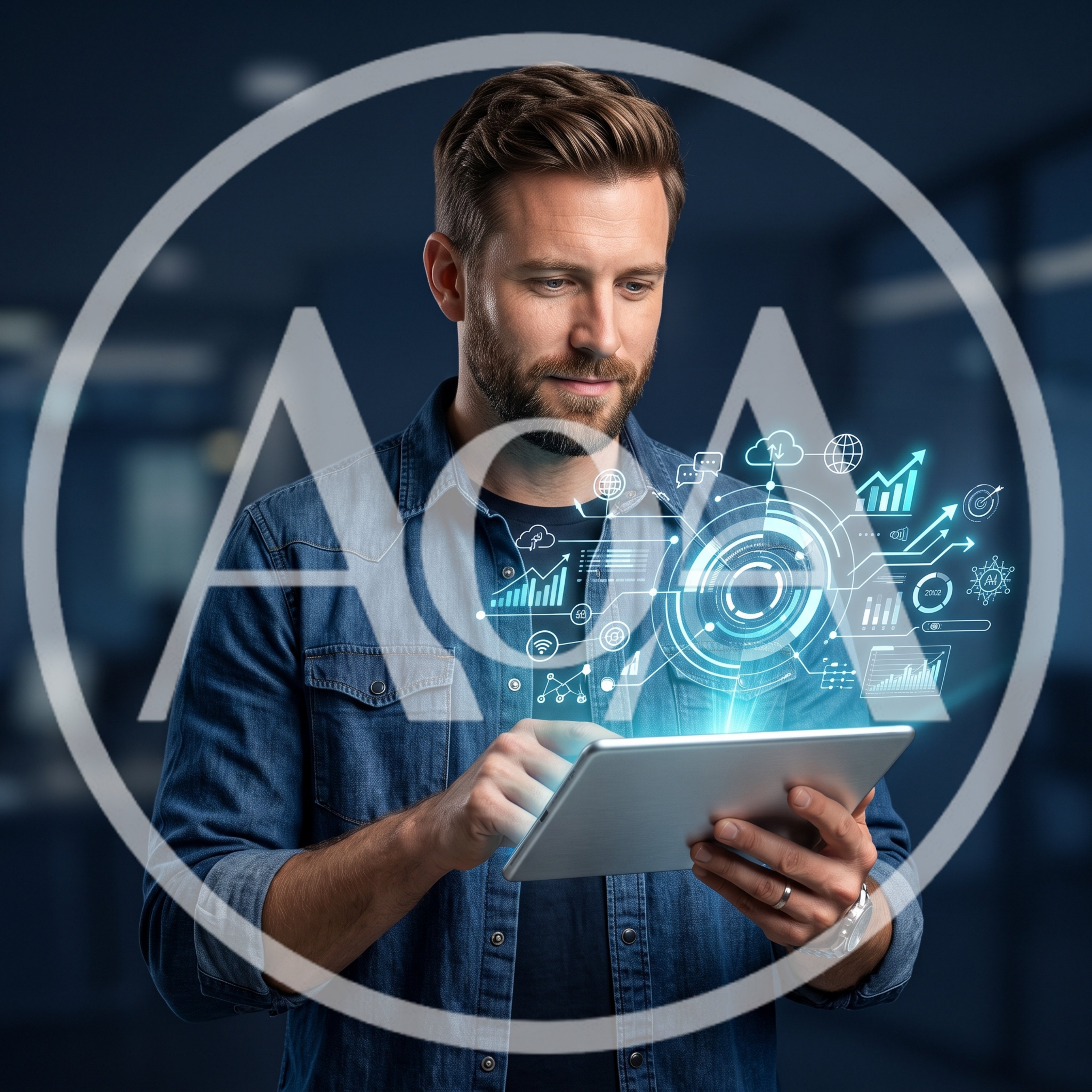 Man Interacting With Holographic Data Interface On Tablet