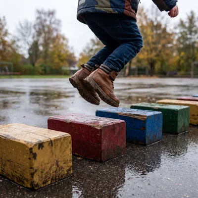 Child Jumping Over Colorful Wooden Blocks Outdoors