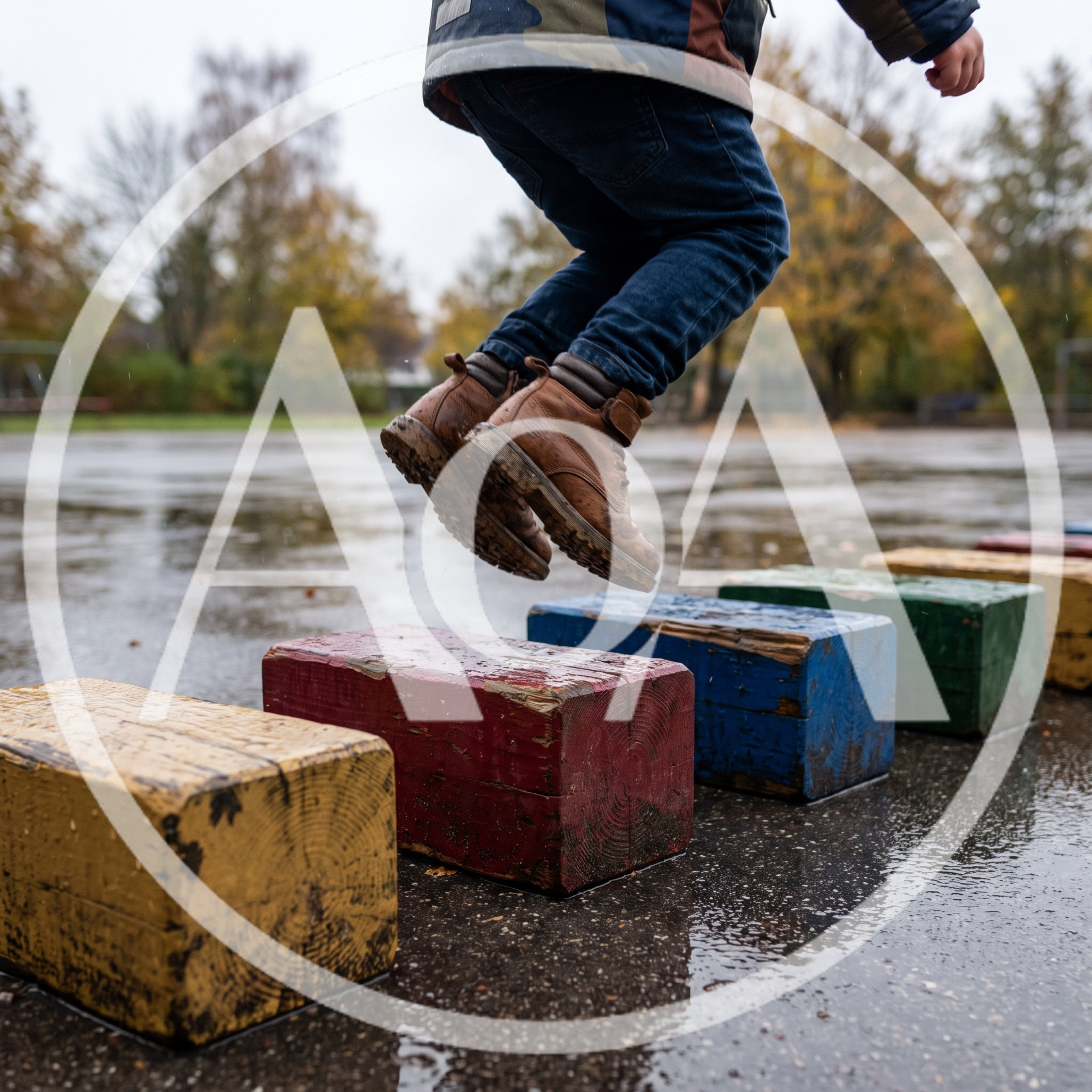 Child Jumping Over Colorful Wooden Blocks Outdoors
