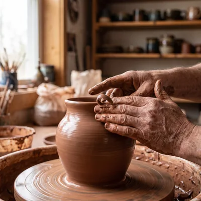 Potter Shaping Clay Vase On A Pottery Wheel