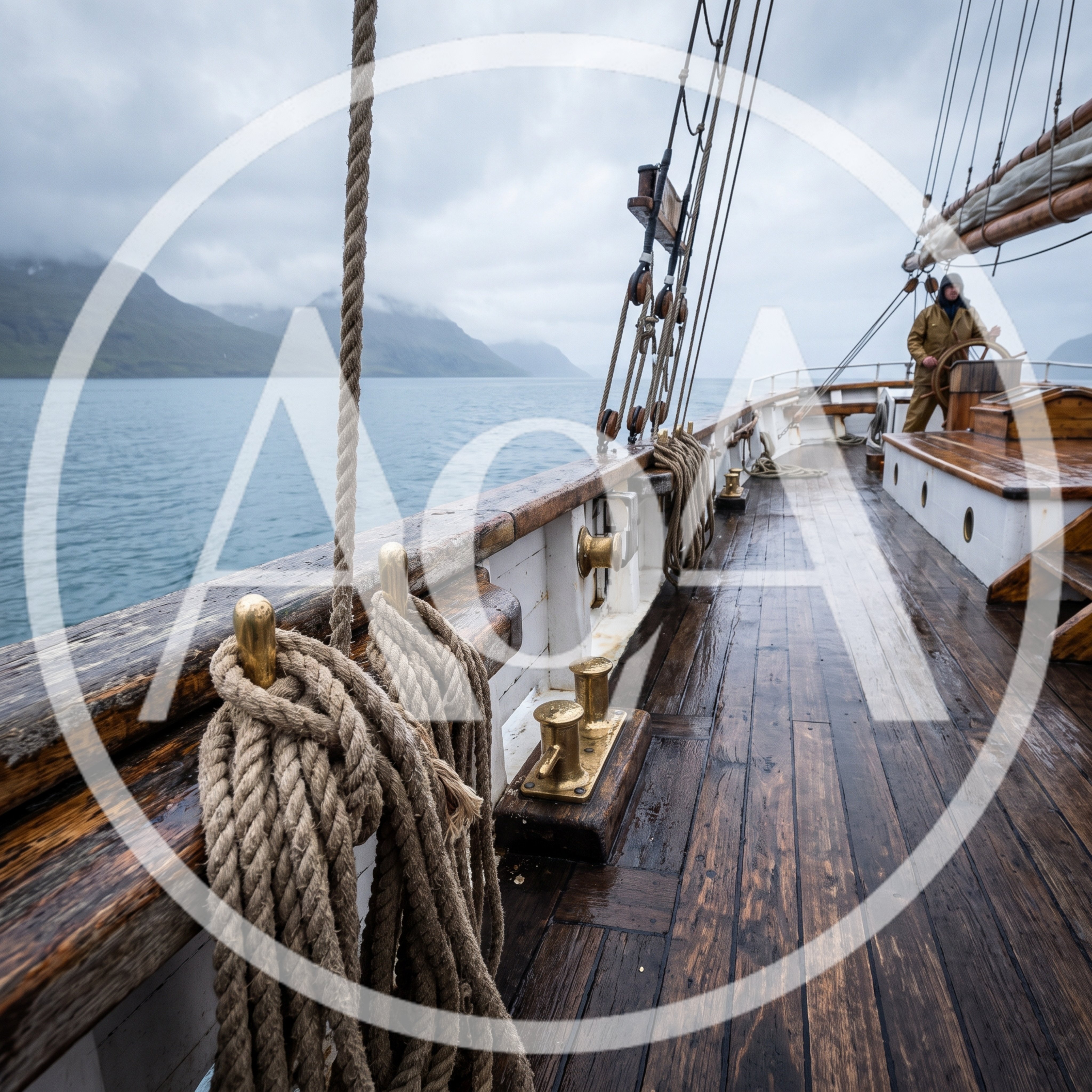 Sailor Steering Traditional Wooden Sailing Ship