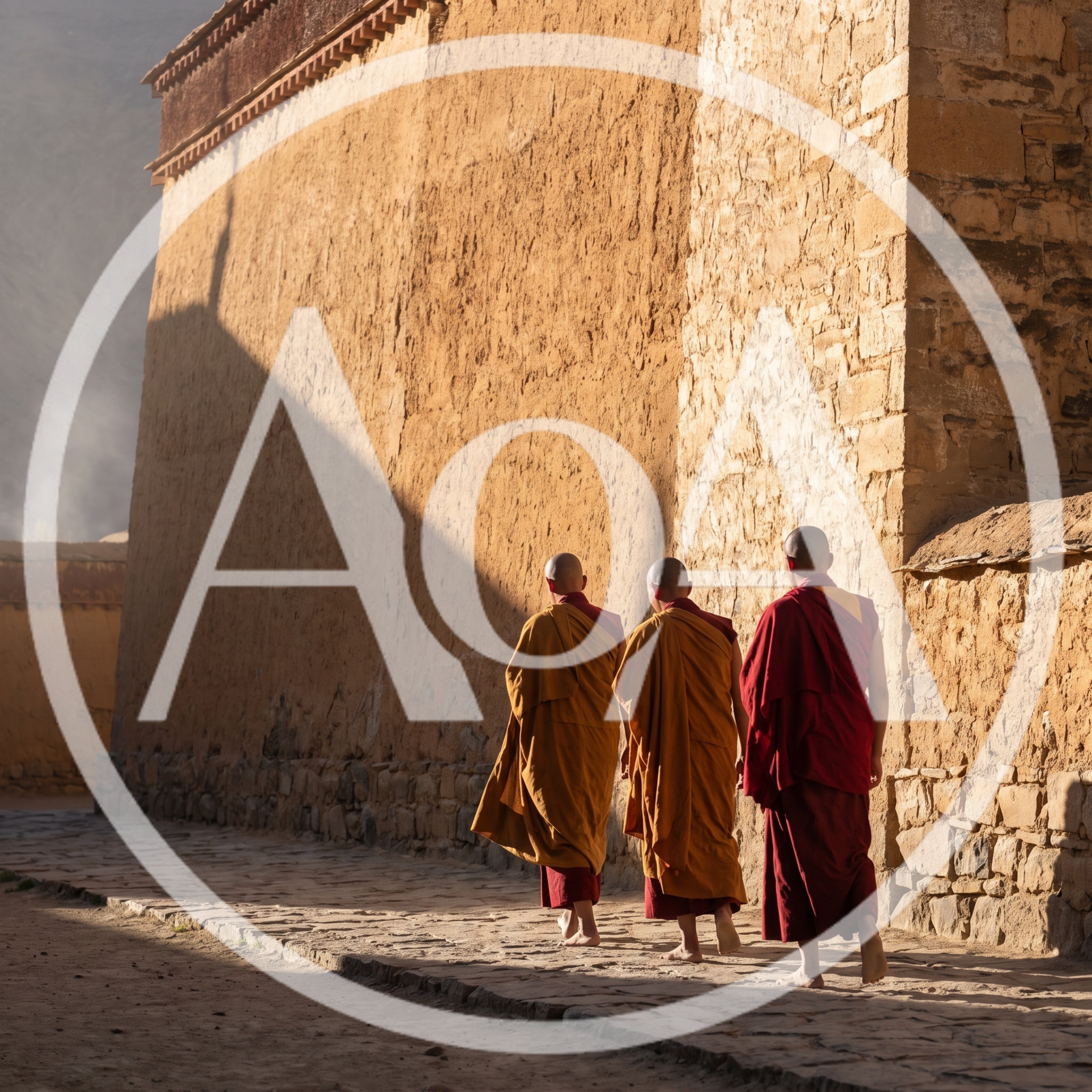 Three Buddhist Monks Walking Along Ancient Monastery Wall