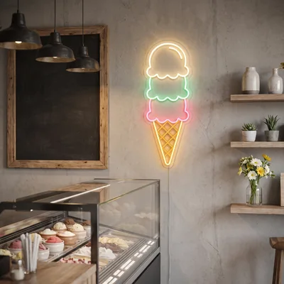 Neon Ice Cream Sign In A Modern Cafe
