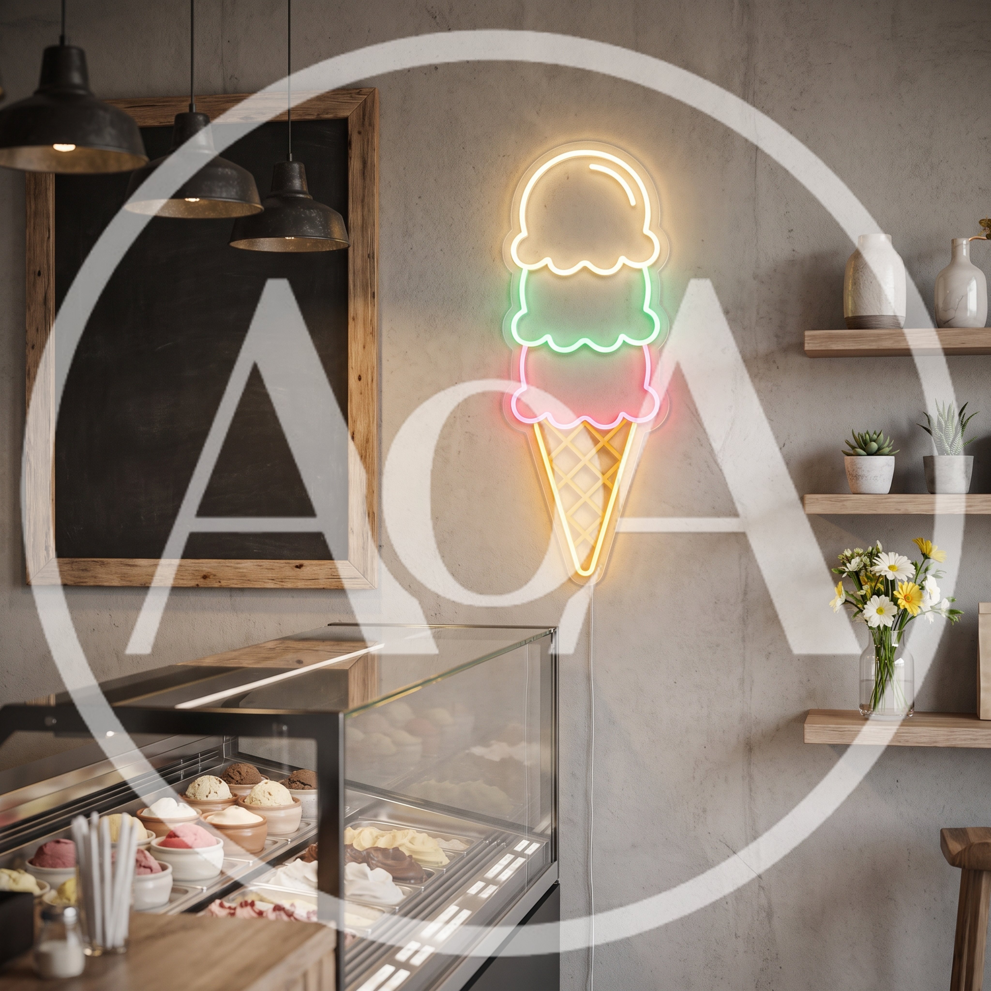 Neon Ice Cream Sign In A Modern Cafe