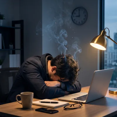 Stressed Businessman Sleeping At Desk With Smoking Head