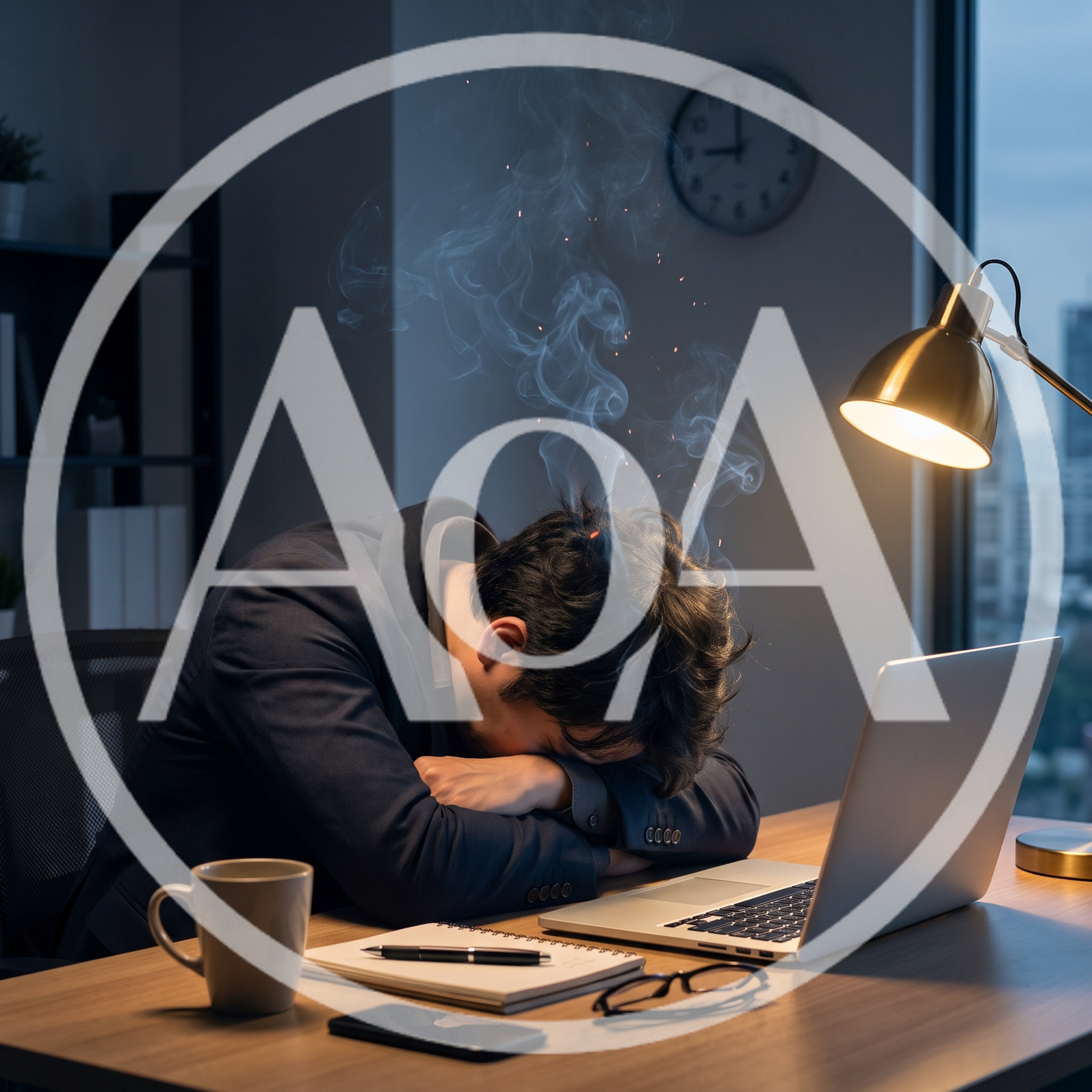 Stressed Businessman Sleeping At Desk With Smoking Head