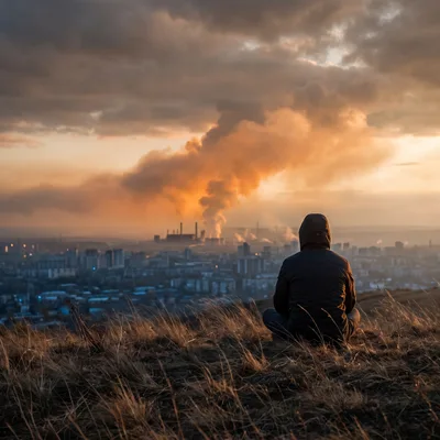 Person Sitting On Hill Overlooking Industrial City Pollution