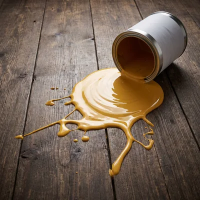 Yellow Paint Spilled From Can On Wooden Floor