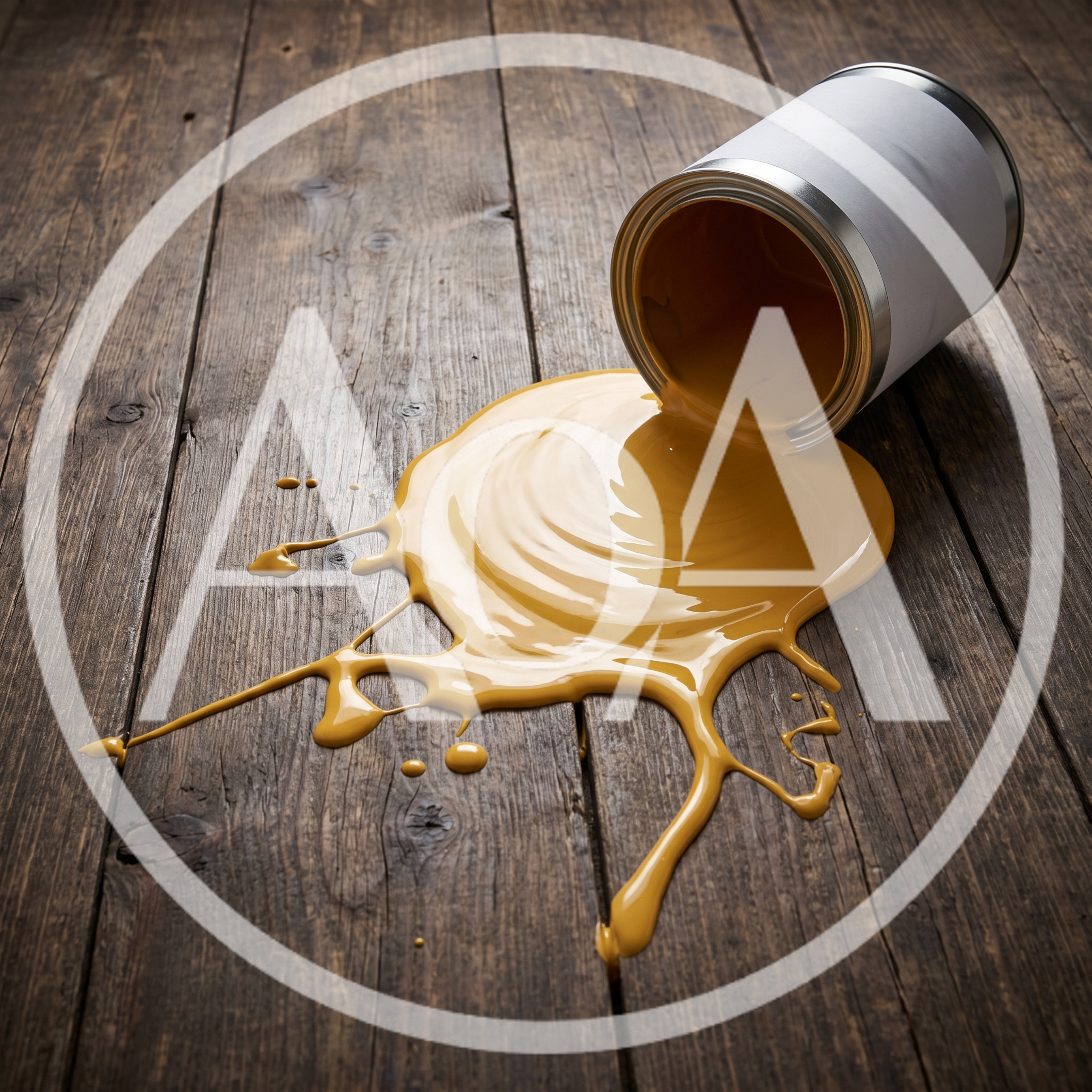 Yellow Paint Spilled From Can On Wooden Floor
