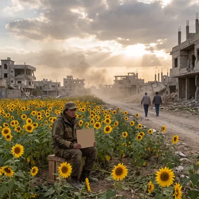 Soldier Sitting In Sunflower Field Amidst War Torn Ruins
