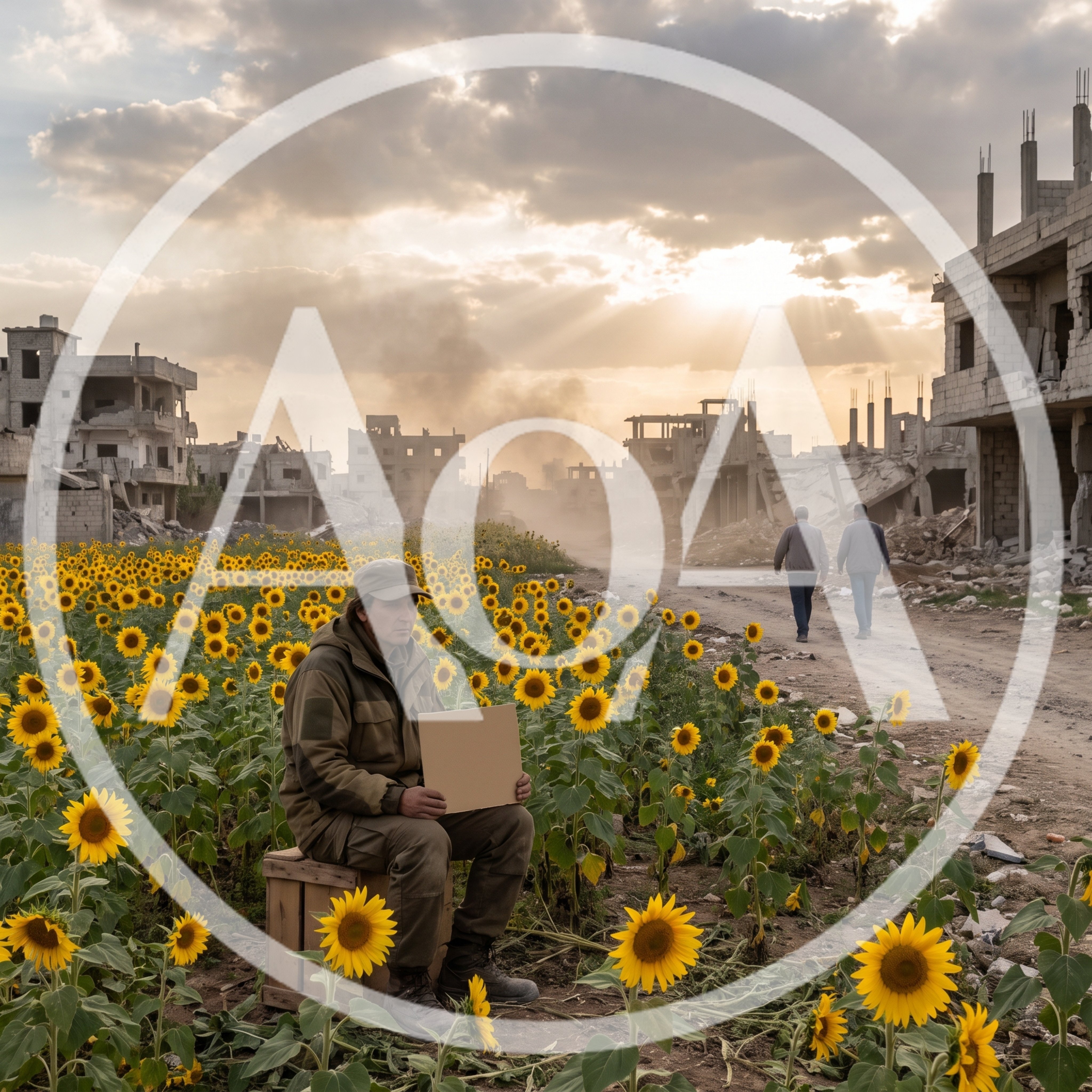 Soldier Sitting In Sunflower Field Amidst War Torn Ruins