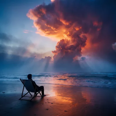 Person Sitting In Beach Chair Watching Dramatic Sunset