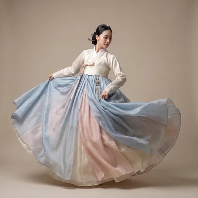 Korean Woman Dancing In Traditional Hanbok Dress