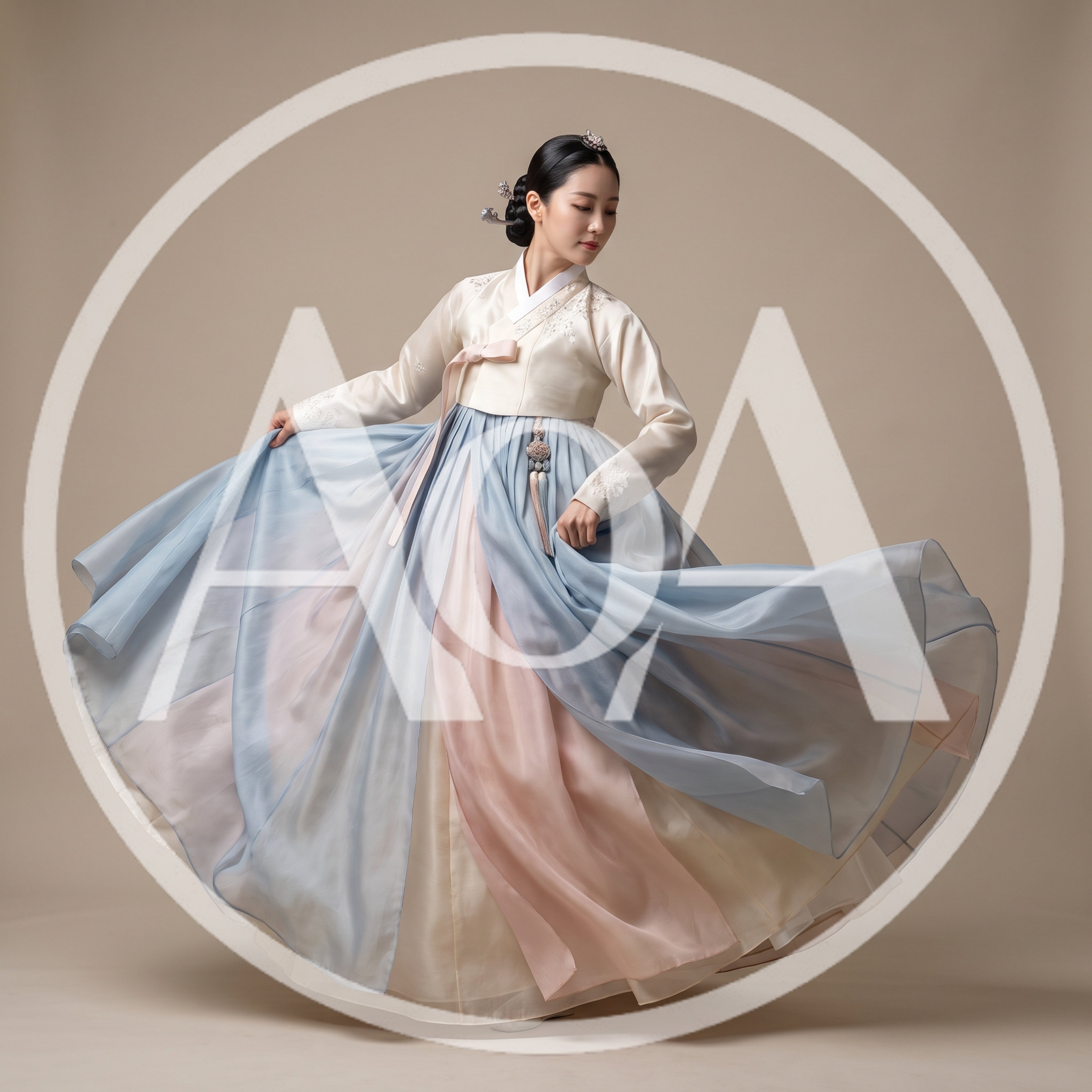 Korean Woman Dancing In Traditional Hanbok Dress