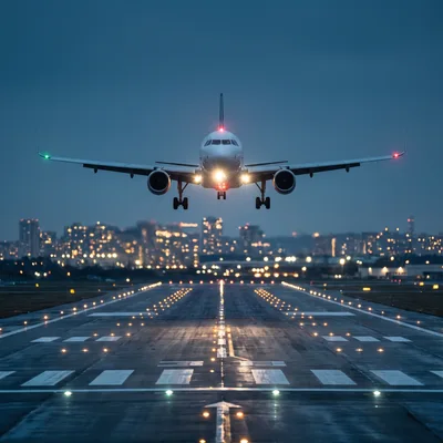 Commercial Airplane Landing On Airport Runway At Night