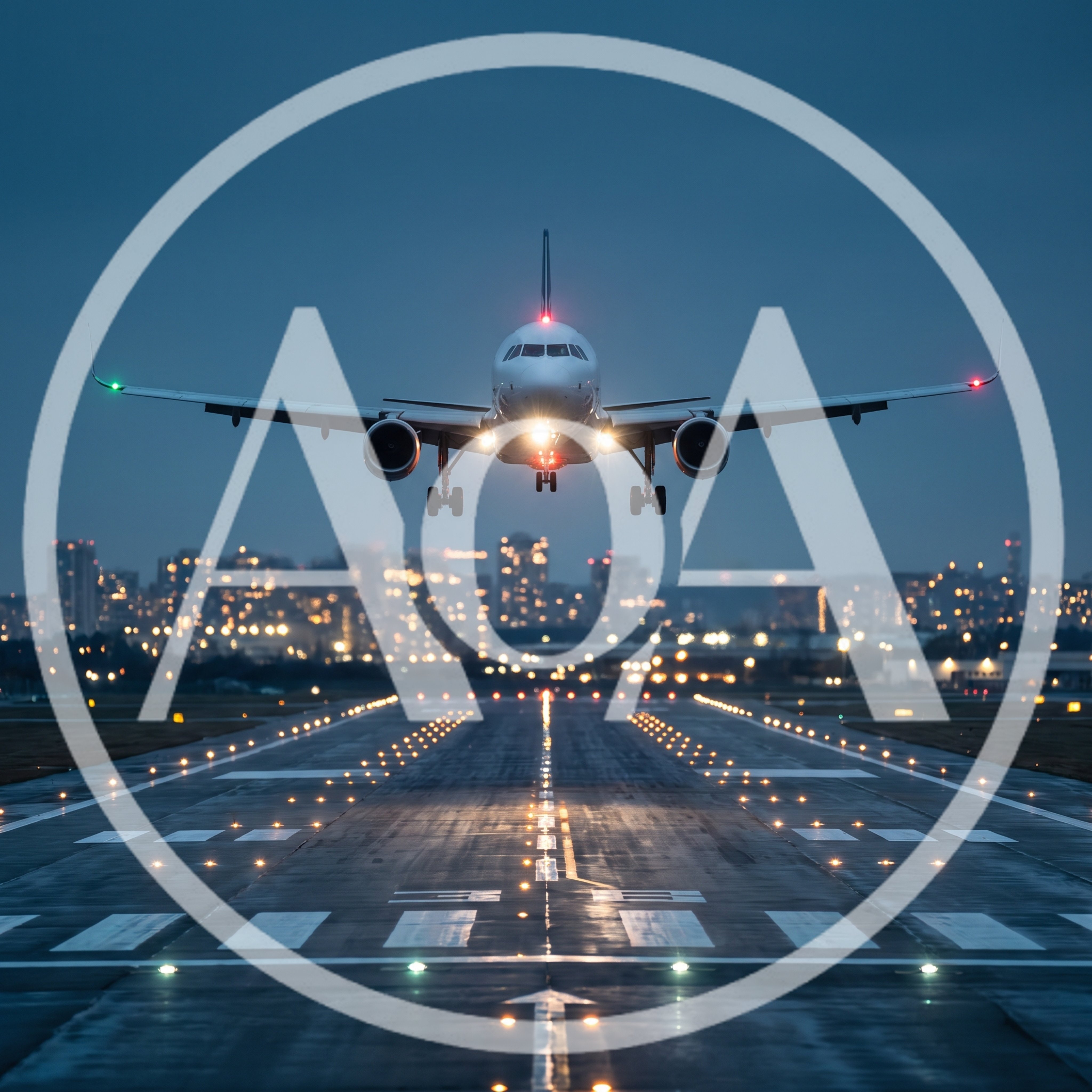 Commercial Airplane Landing On Airport Runway At Night