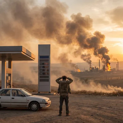 Man Standing At Gas Station Facing Industrial Pollution