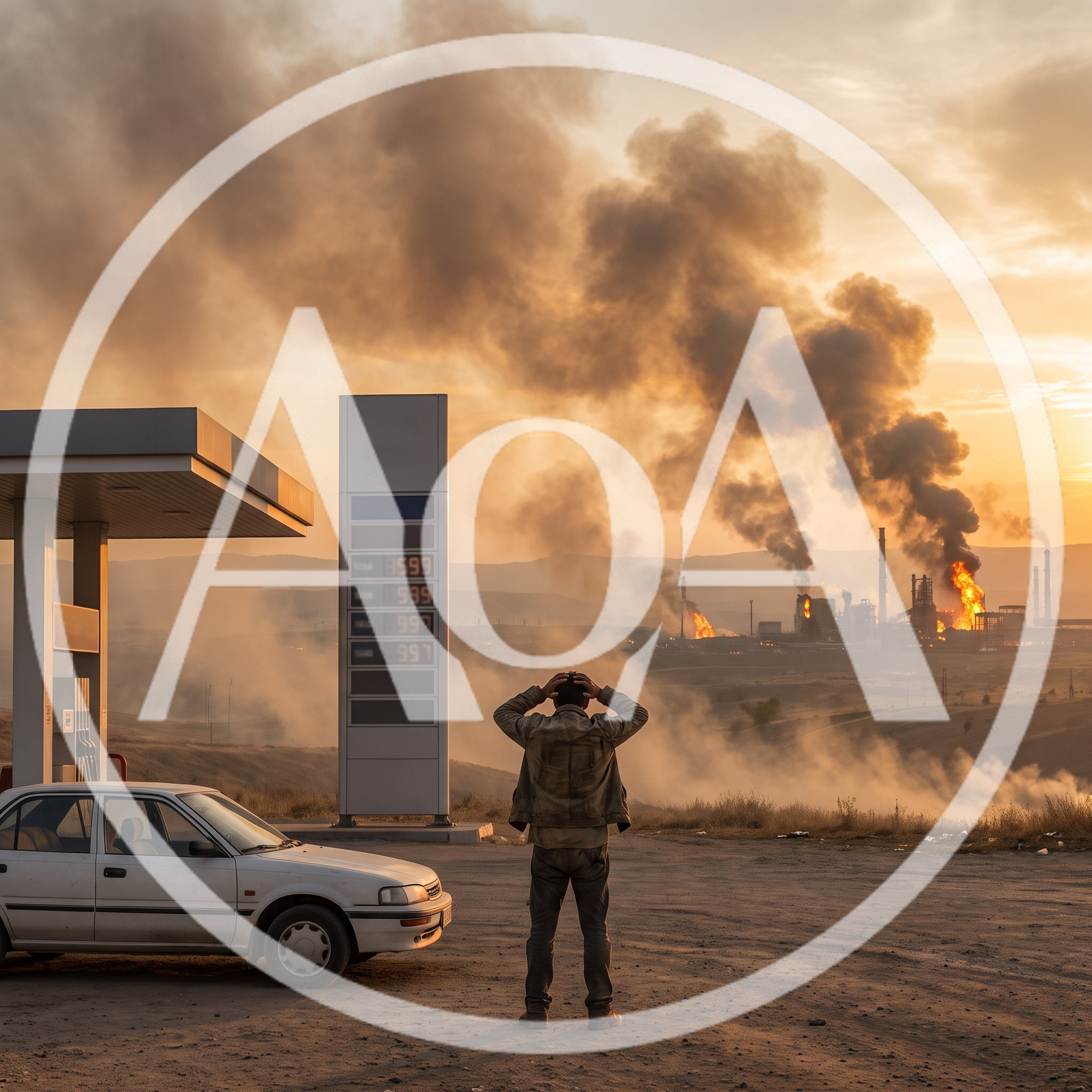 Man Standing At Gas Station Facing Industrial Pollution