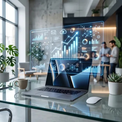 Laptop Displaying Futuristic Data Analytics Dashboard