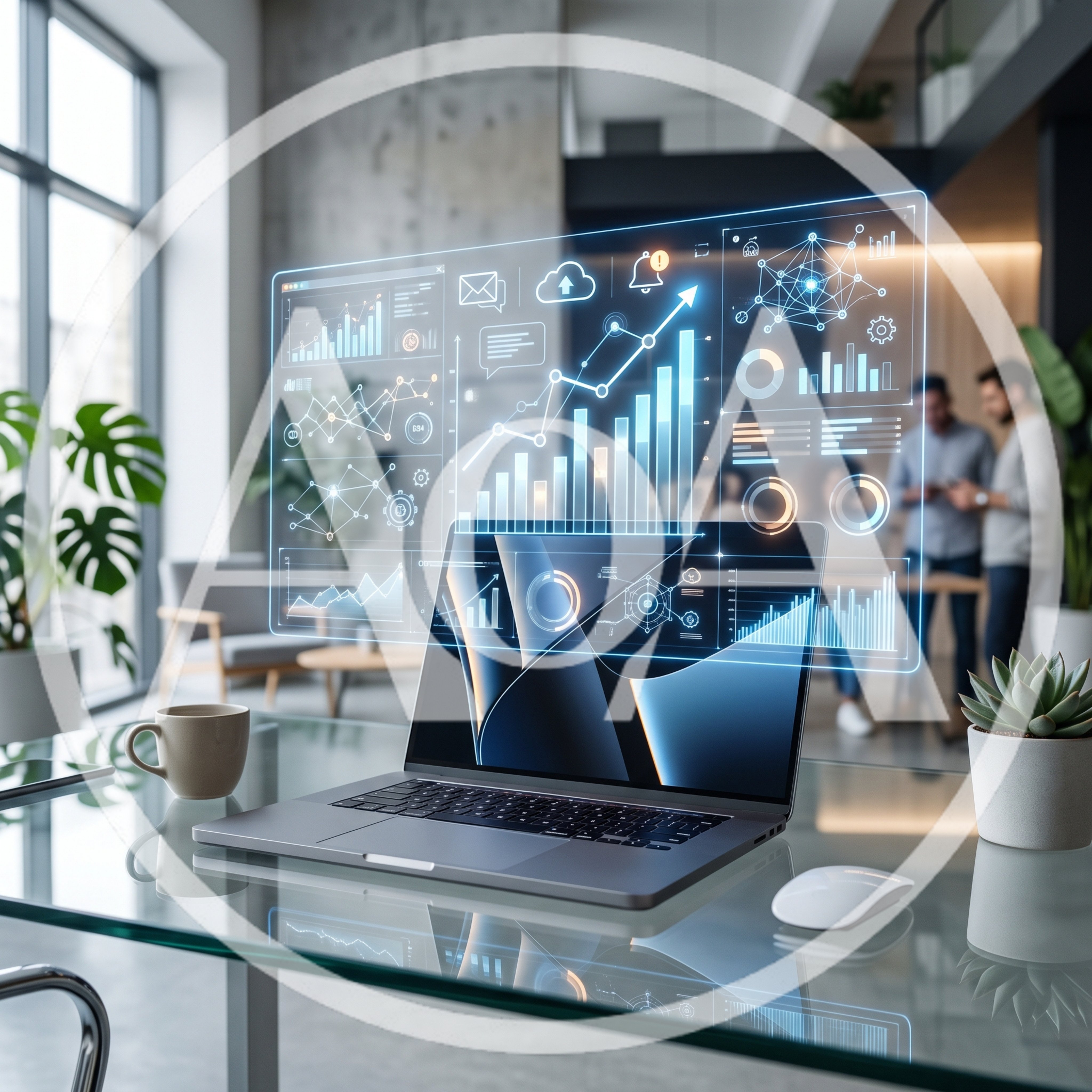 Laptop Displaying Futuristic Data Analytics Dashboard