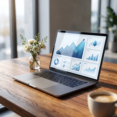 Laptop Displaying Financial Data Charts On Wooden Desk