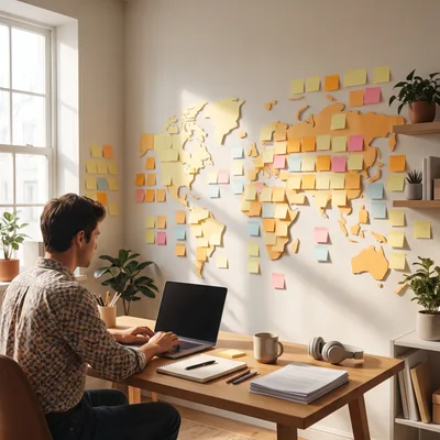 Man Working On Laptop In Home Office With World Map