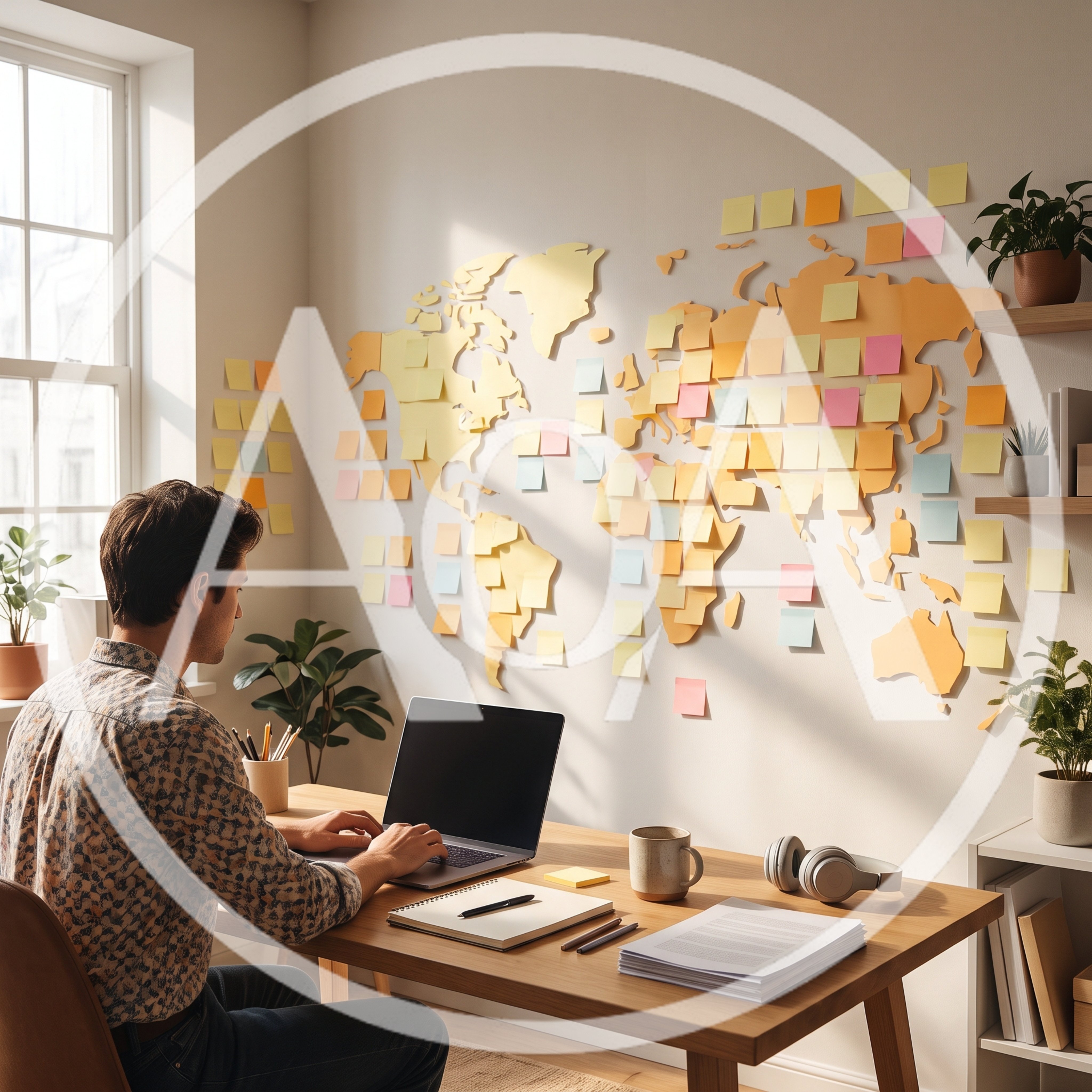 Man Working On Laptop In Home Office With World Map