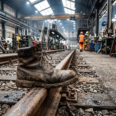 Dirty Work Boot Resting On Industrial Railway Tracks