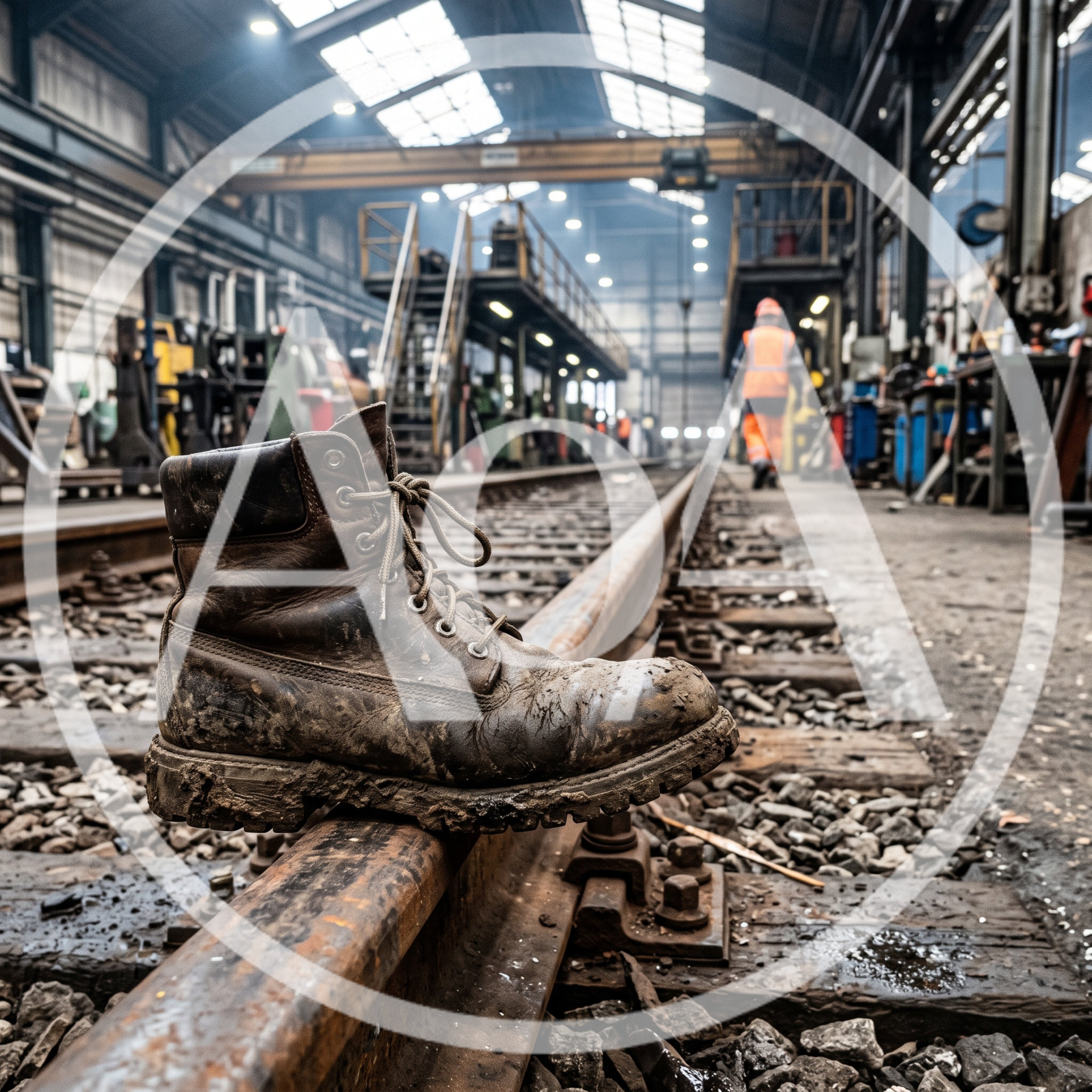 Dirty Work Boot Resting On Industrial Railway Tracks
