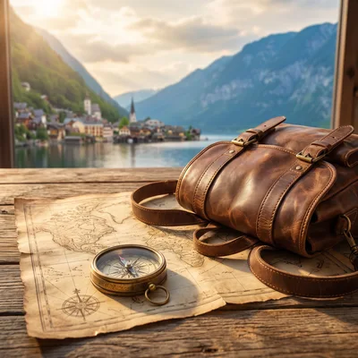 Vintage Leather Backpack And Compass On Antique Map