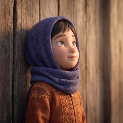 Animated Child Wearing A Blue Hood Looking Upwards