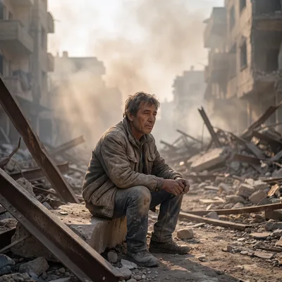 Elderly Man Sitting Amidst War Torn City Ruins