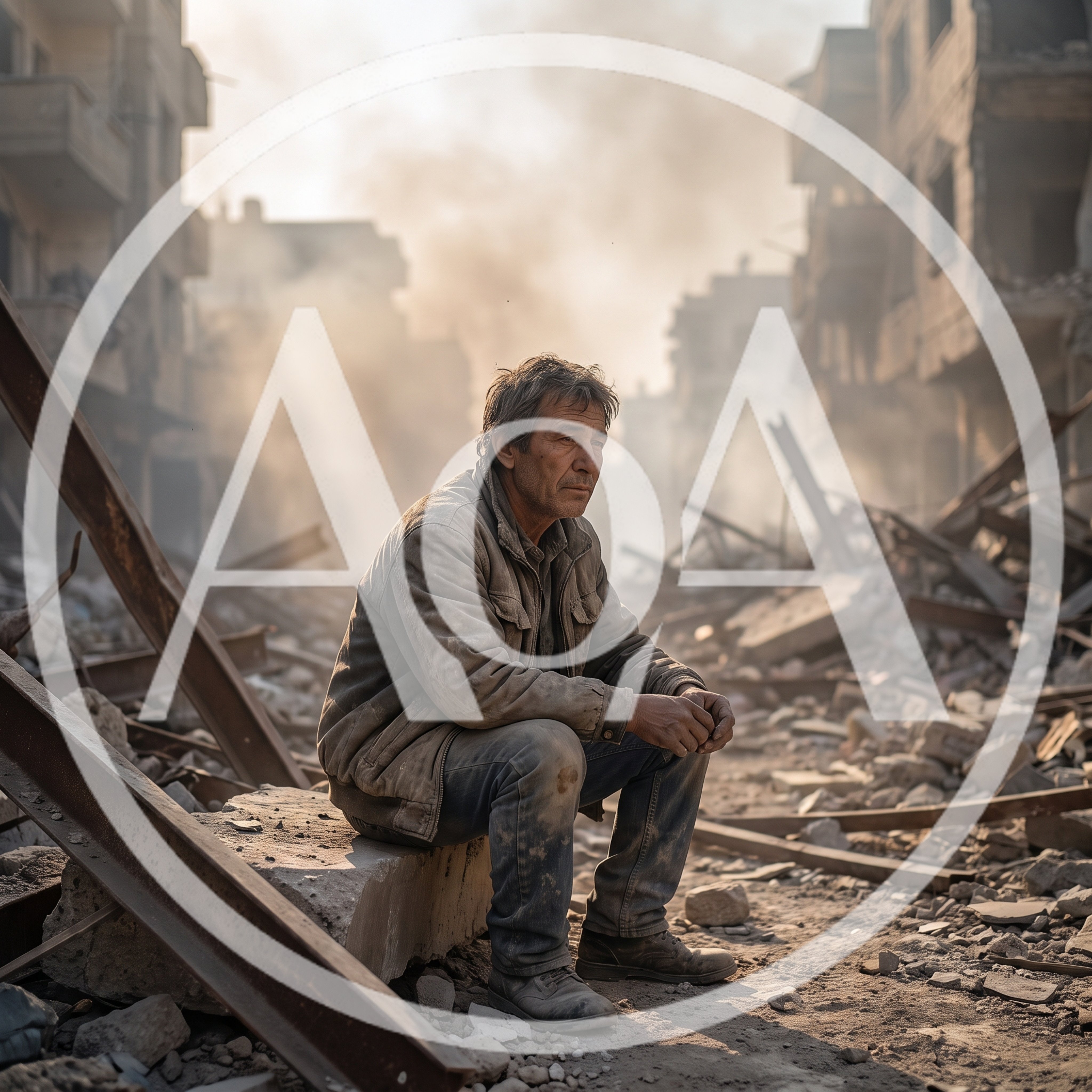 Elderly Man Sitting Amidst War Torn City Ruins