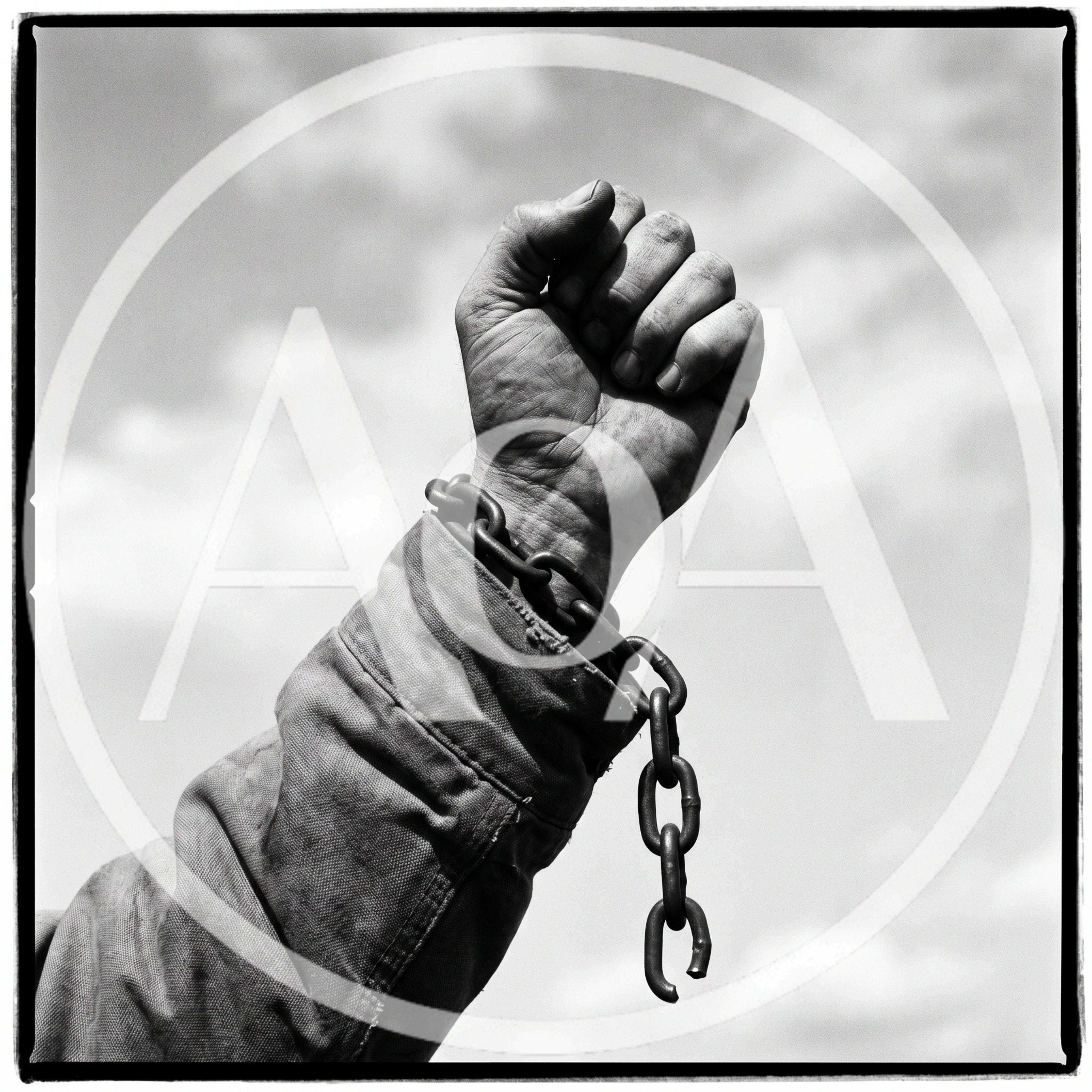 Raised Fist With Broken Chain Against Sky