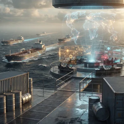 Futuristic Maritime Logistics Control Center With Digital Interface
