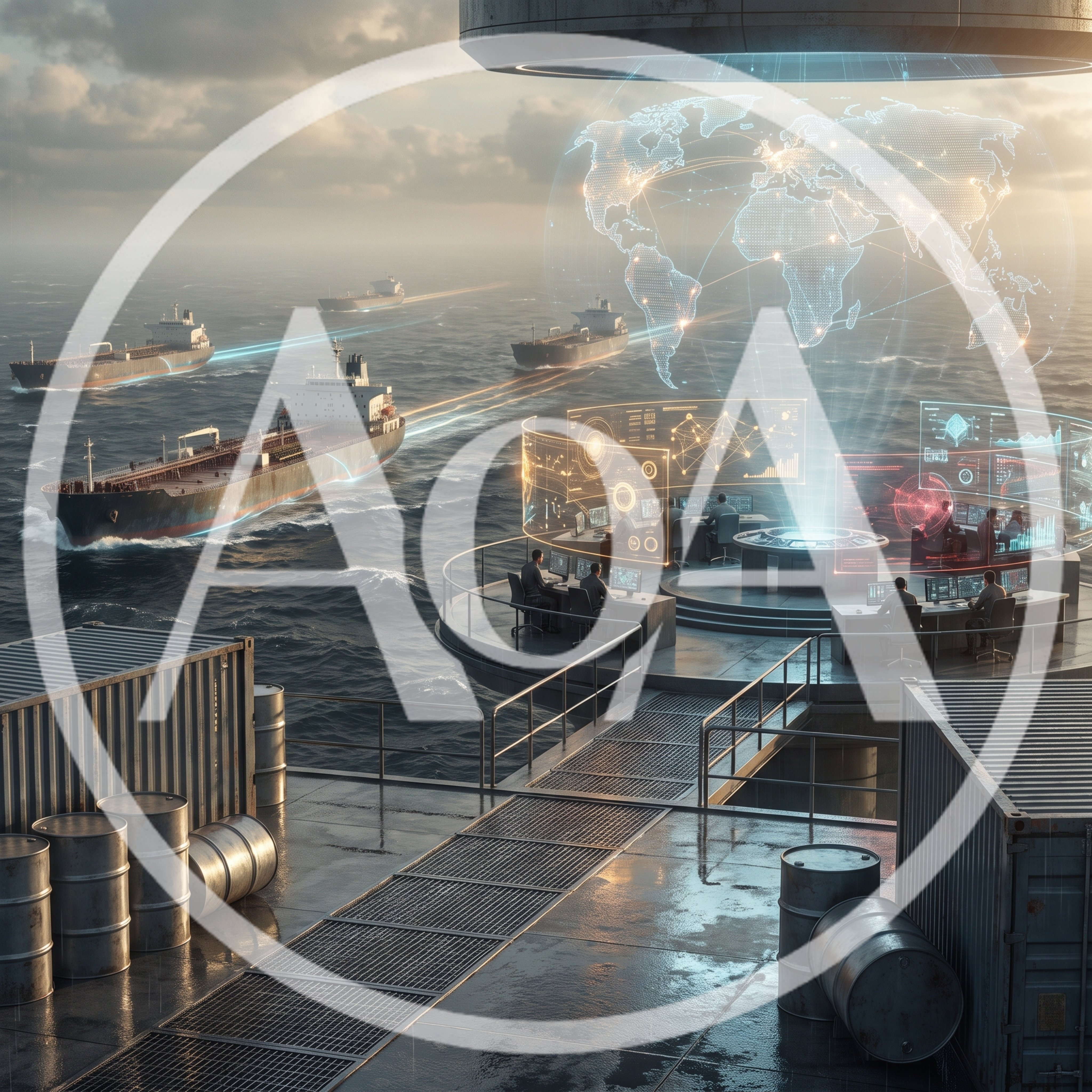 Futuristic Maritime Logistics Control Center With Digital Interface