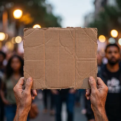 Protester Holding Blank Cardboard Sign At Public Demonstration