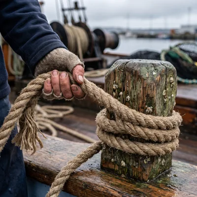 Fisherman Securing Rope To Wooden Bollard On Boat