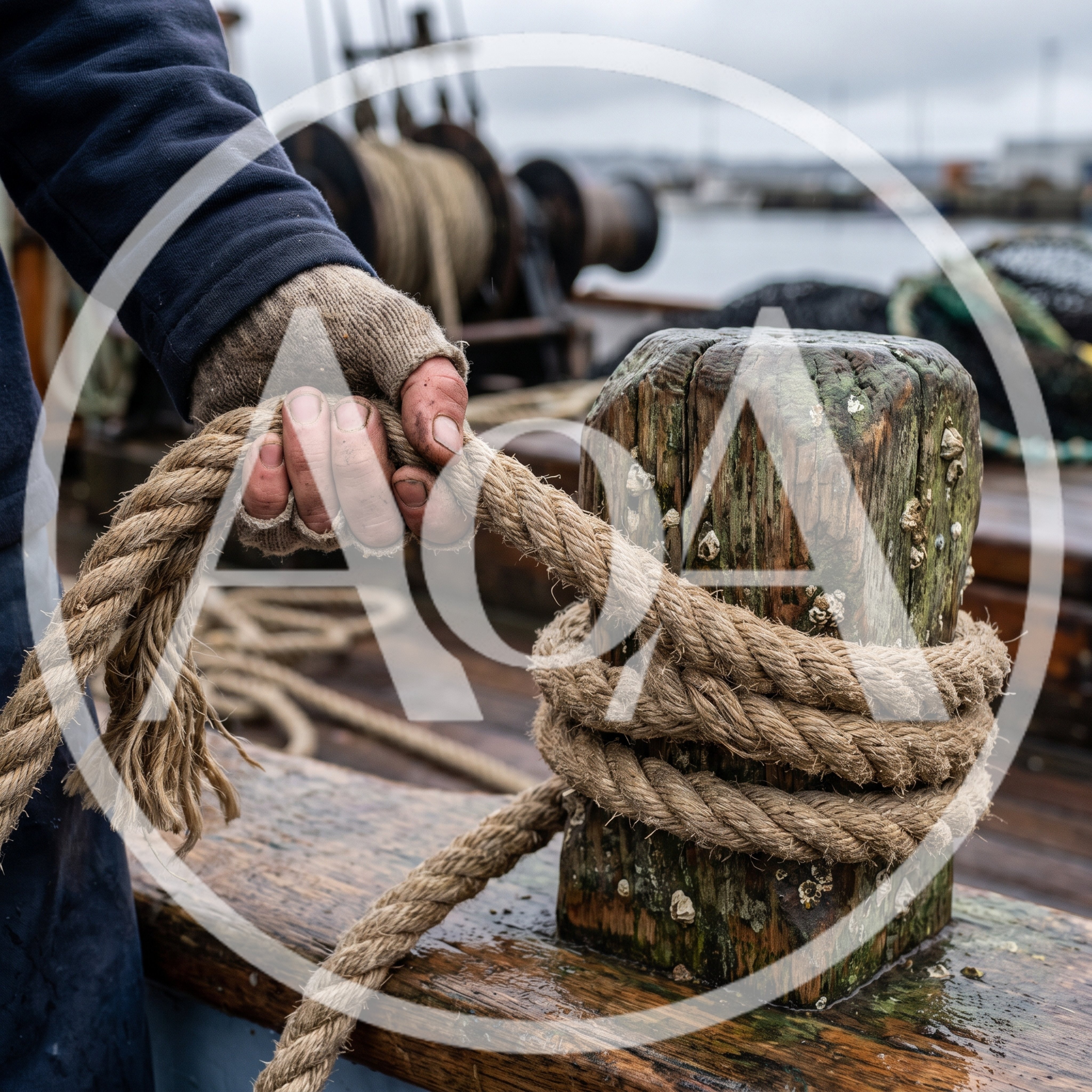 Fisherman Securing Rope To Wooden Bollard On Boat