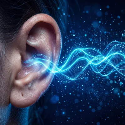 Human Ear Receiving Digital Sound Wave Visualization