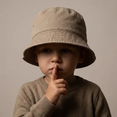 Young Boy Wearing Bucket Hat Making Silence Gesture