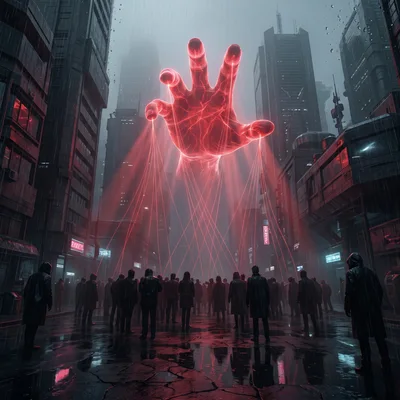 Giant Glowing Red Hand Controlling Crowd In Cyberpunk City
