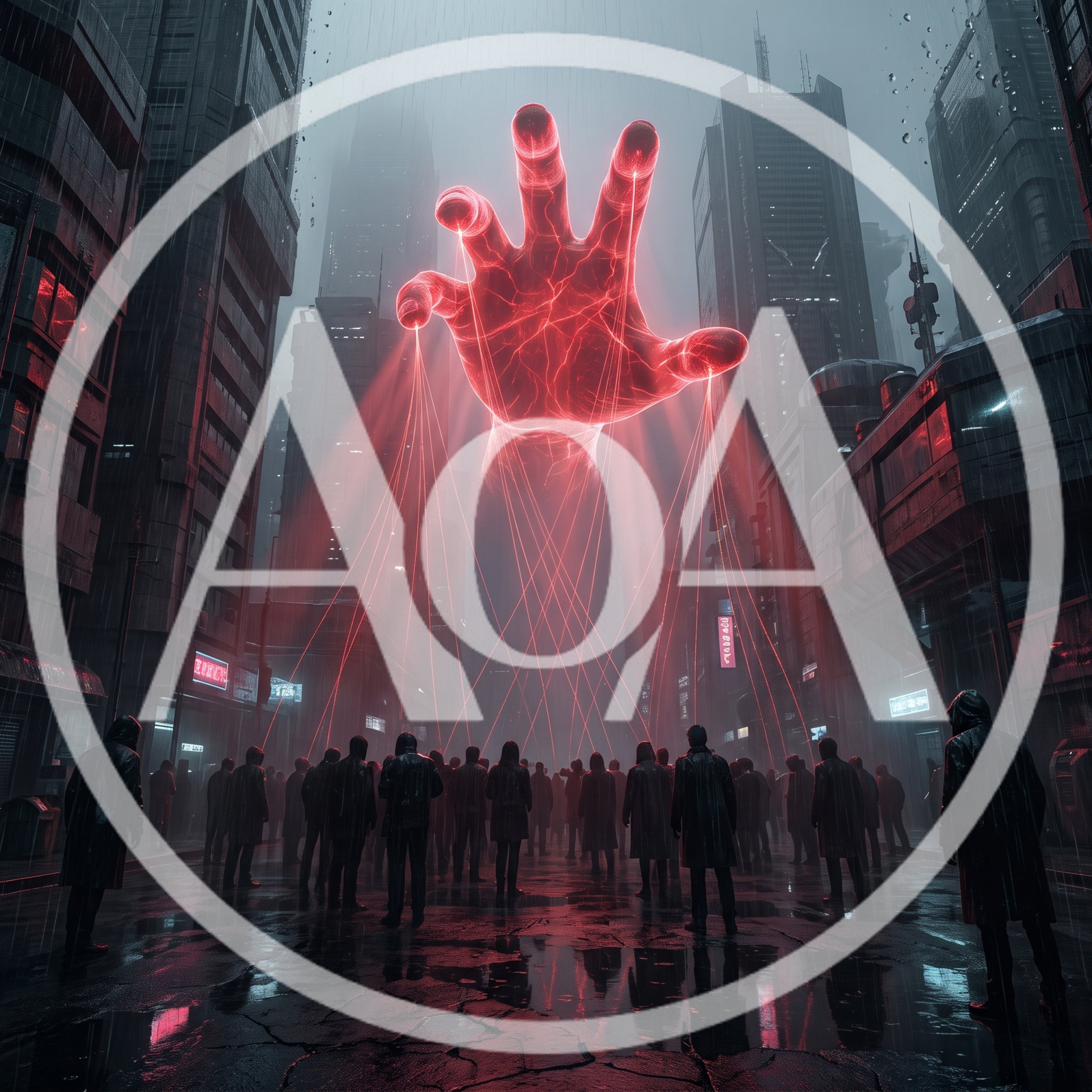 Giant Glowing Red Hand Controlling Crowd In Cyberpunk City