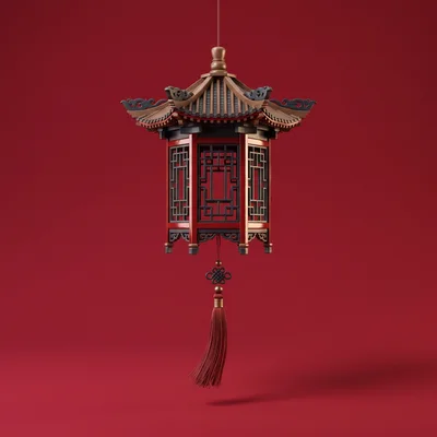 Traditional Chinese Lantern Hanging Against Red Background