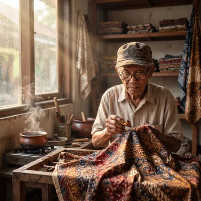 Elderly Artisan Crafting Traditional Batik Fabric