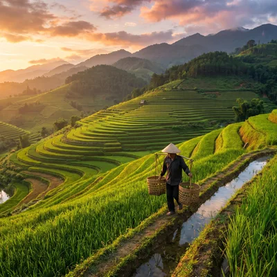 Vietnamese Farmer Carrying Baskets Through Rice Terraces
