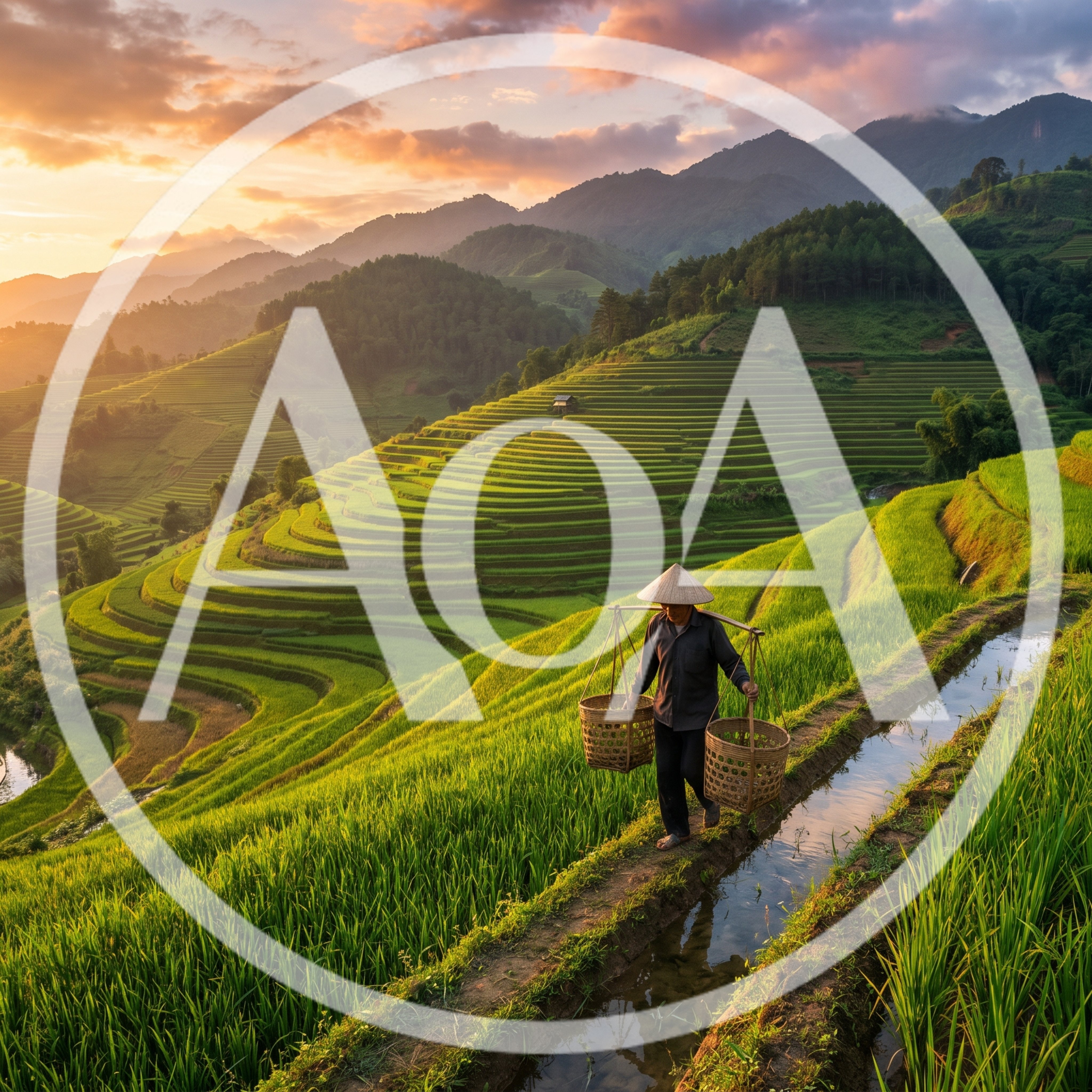 Vietnamese Farmer Carrying Baskets Through Rice Terraces