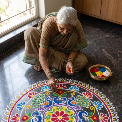 Elderly Indian Woman Creating Traditional Rangoli Art